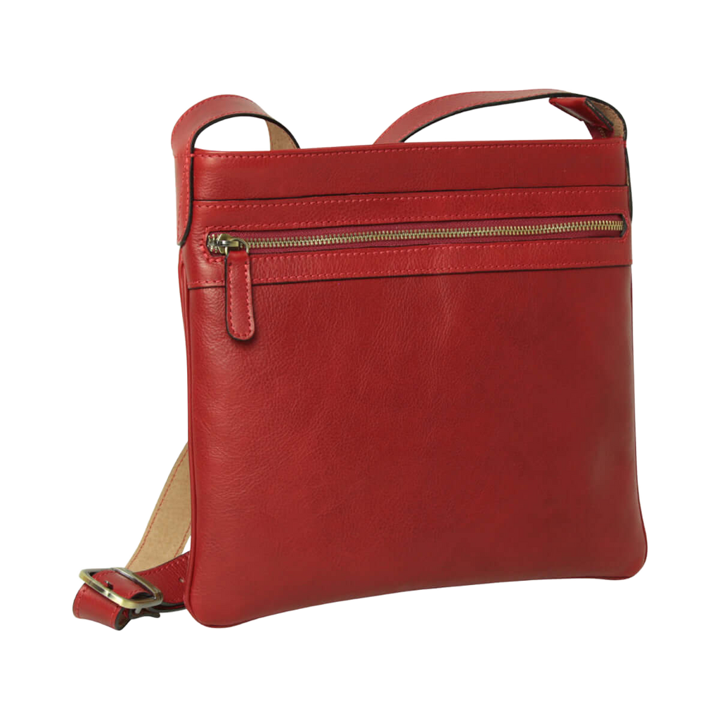 Borsa a tracolla rossa in pelle con zip superiore e manici ad anello