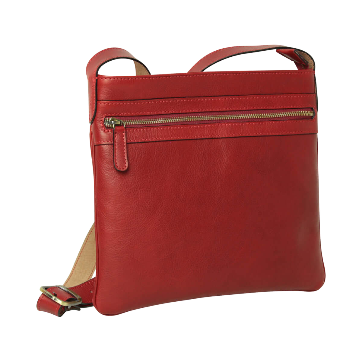 Borsa a tracolla rossa in pelle con zip superiore e manici ad anello