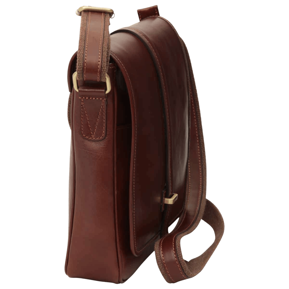 Borsa messenger marrone vista laterale con tracolla e patta con chiusura magnetica.