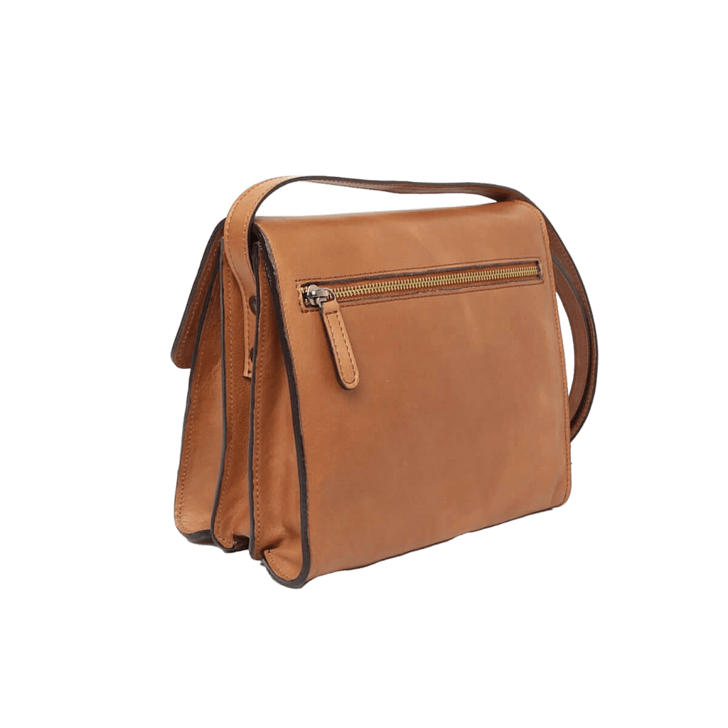 Borsa a tracolla in pelle cuoio con zip frontale e manici a tracolla.