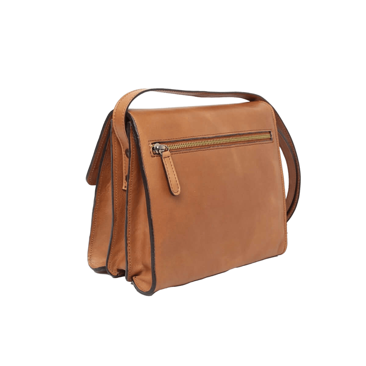 Borsa a tracolla in pelle cuoio con zip frontale e manici a tracolla.