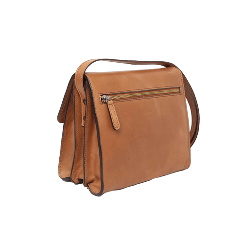 Borsa a tracolla in pelle cuoio con zip frontale e manici a tracolla.