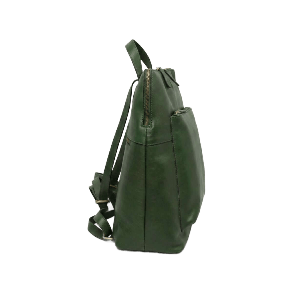 Zaino in pelle verde con cinghie lunghe e zip laterale