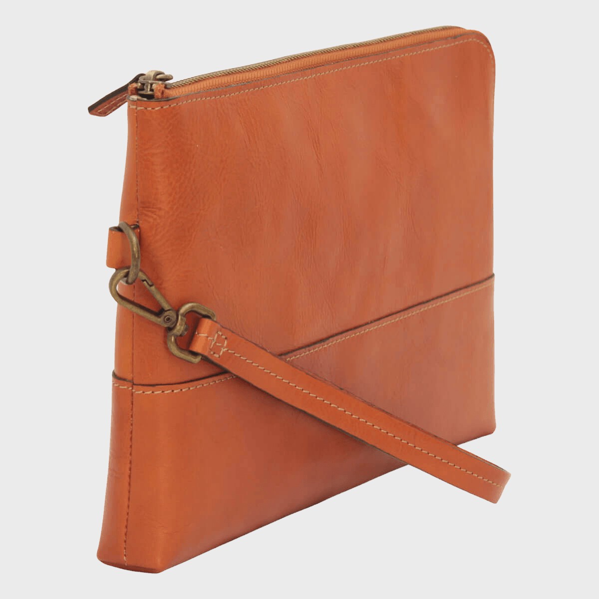 Portadocumenti in pelle marrone con zip e tracolla con fibbie in metallo