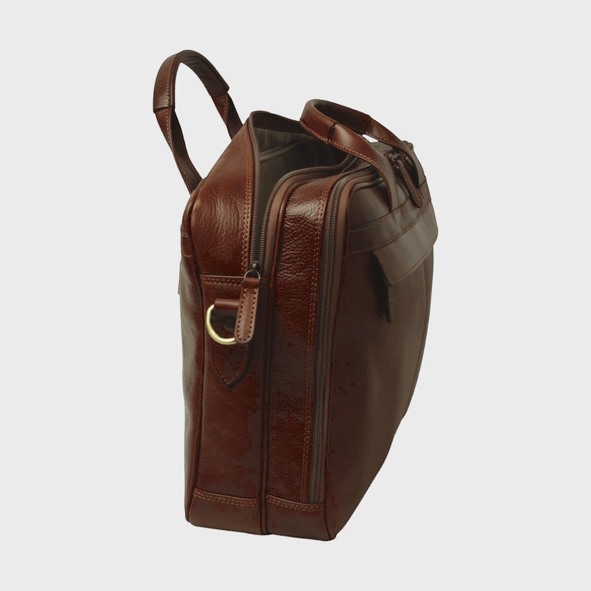 Borsa in pelle marrone per laptop con manico alto e tasca con zip laterale