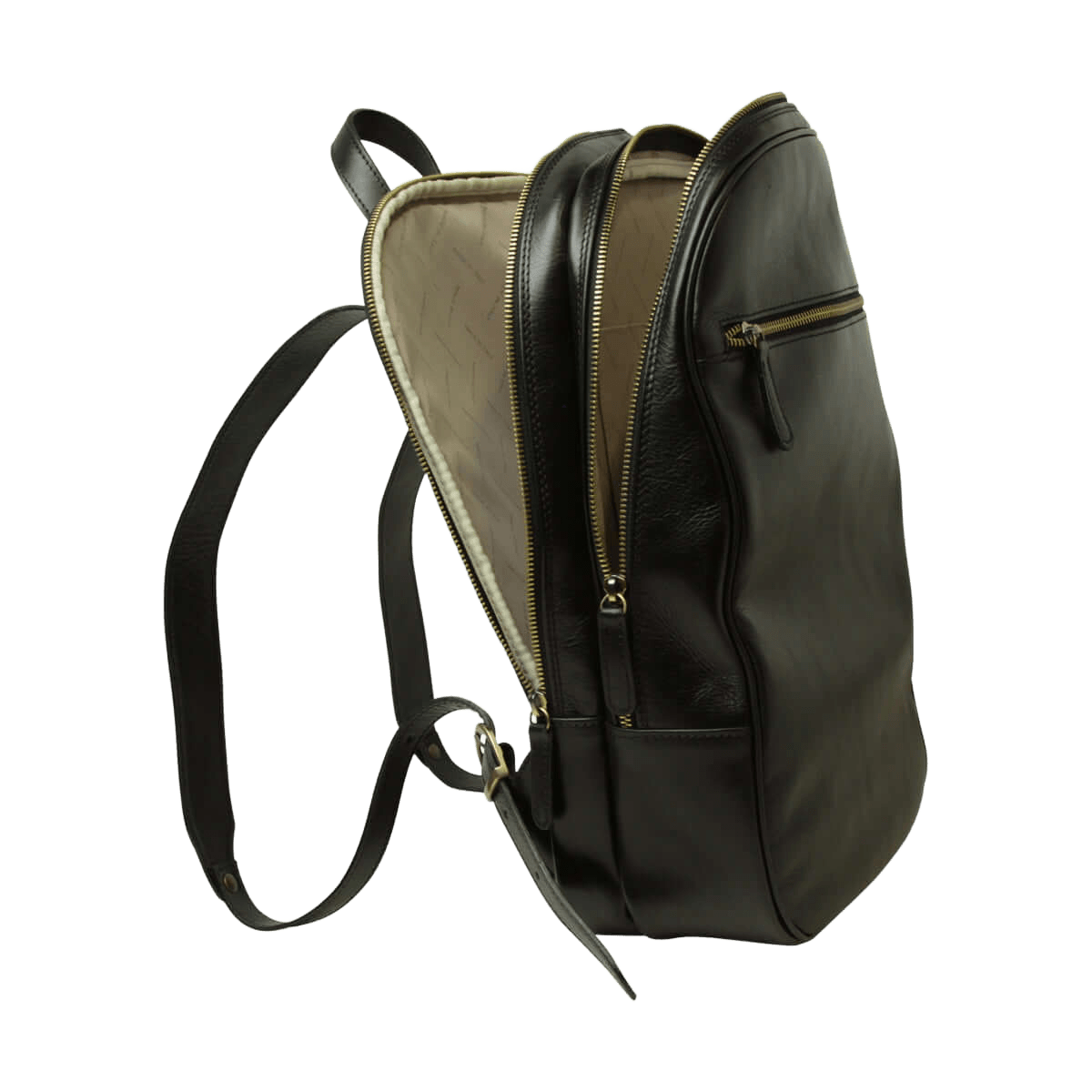 Zaino in pelle nero con tracolla e zip frontale, tasca esterna