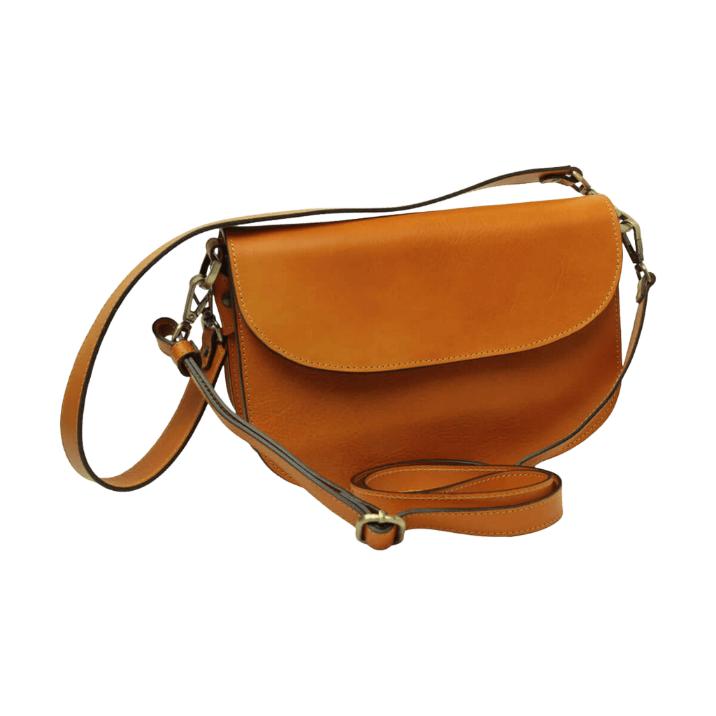 Borsa a tracolla giallo ocra con tracolla regolabile e tasca frontale a patta.