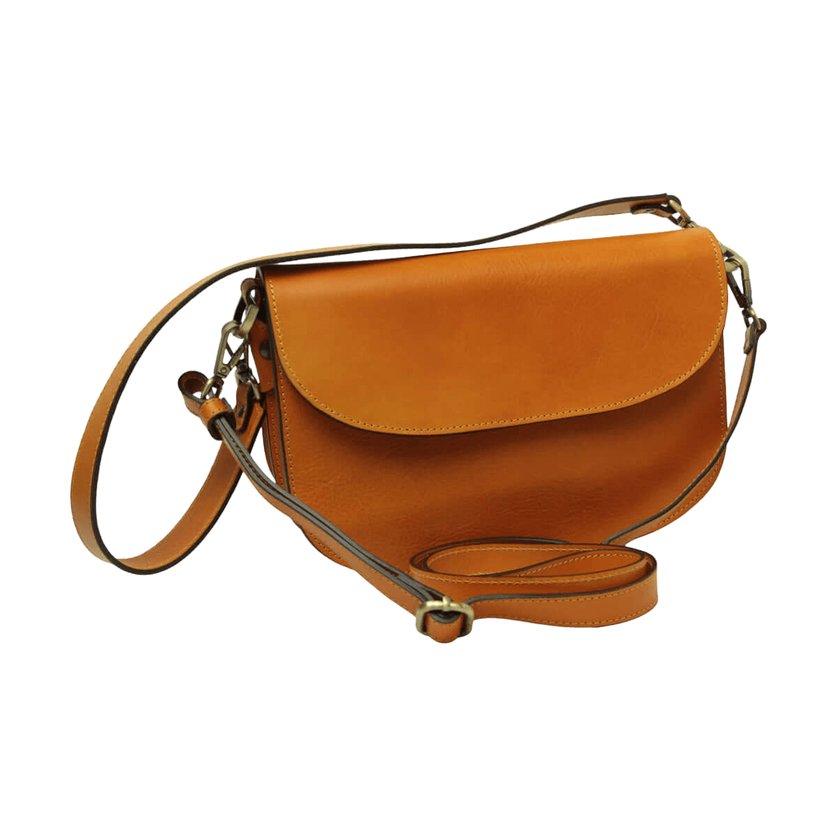 Borsa a tracolla giallo ocra con tracolla regolabile e tasca frontale a patta.
