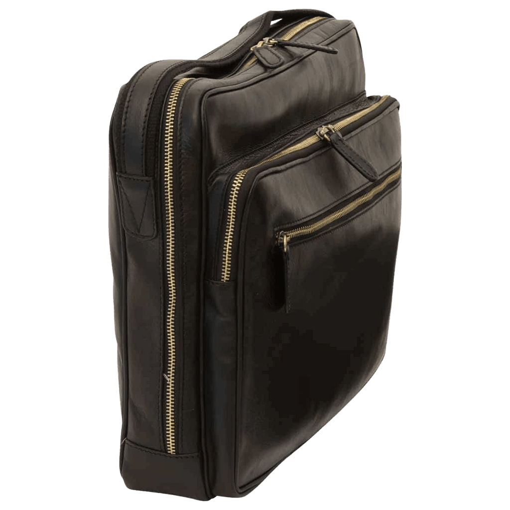 Borsa messenger in pelle nera con due zip e maniglia superiore.
