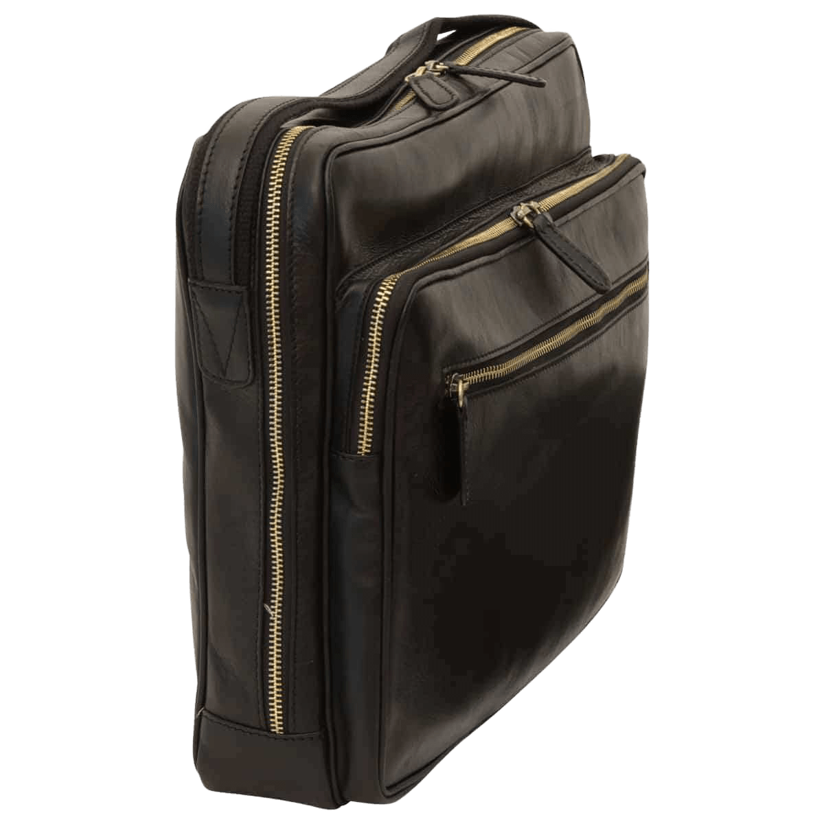 Borsa messenger in pelle nera con due zip e maniglia superiore.