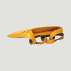 Borsa a tracolla in pelle giallo ocra grande, vista laterale con fibbie e tracolla