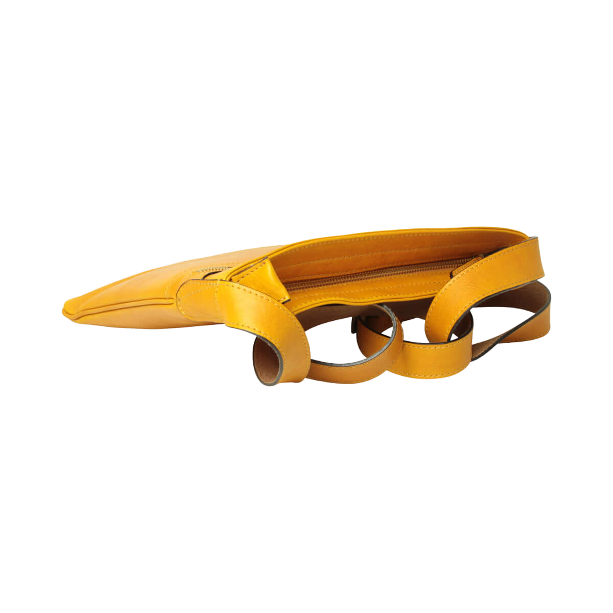Borsa a tracolla giallo ocra vista laterale con tracolla e passanti metallici