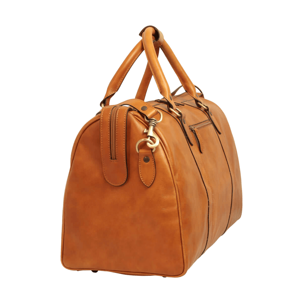 Borsa da viaggio in pelle marrone con manici doppi, fibbie e dettagli metallici