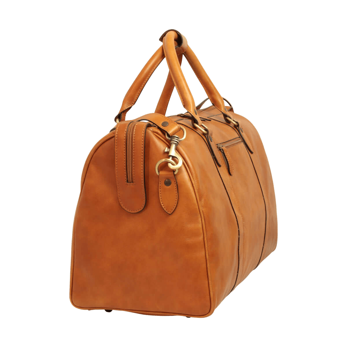 Borsa da viaggio in pelle marrone con manici doppi, fibbie e dettagli metallici