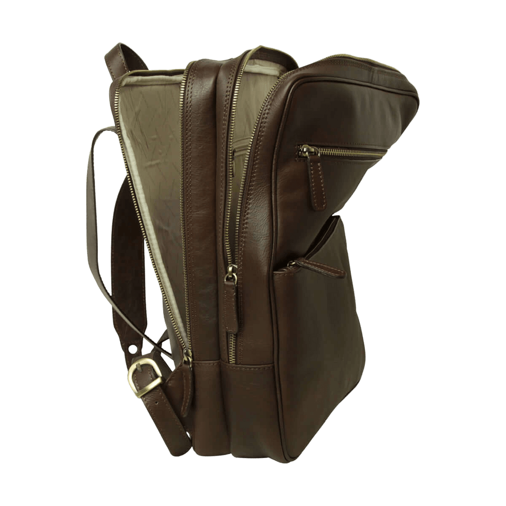 Zaino in pelle marrone scuro con maniglia e tracolla regolabile, due tasche con zip
