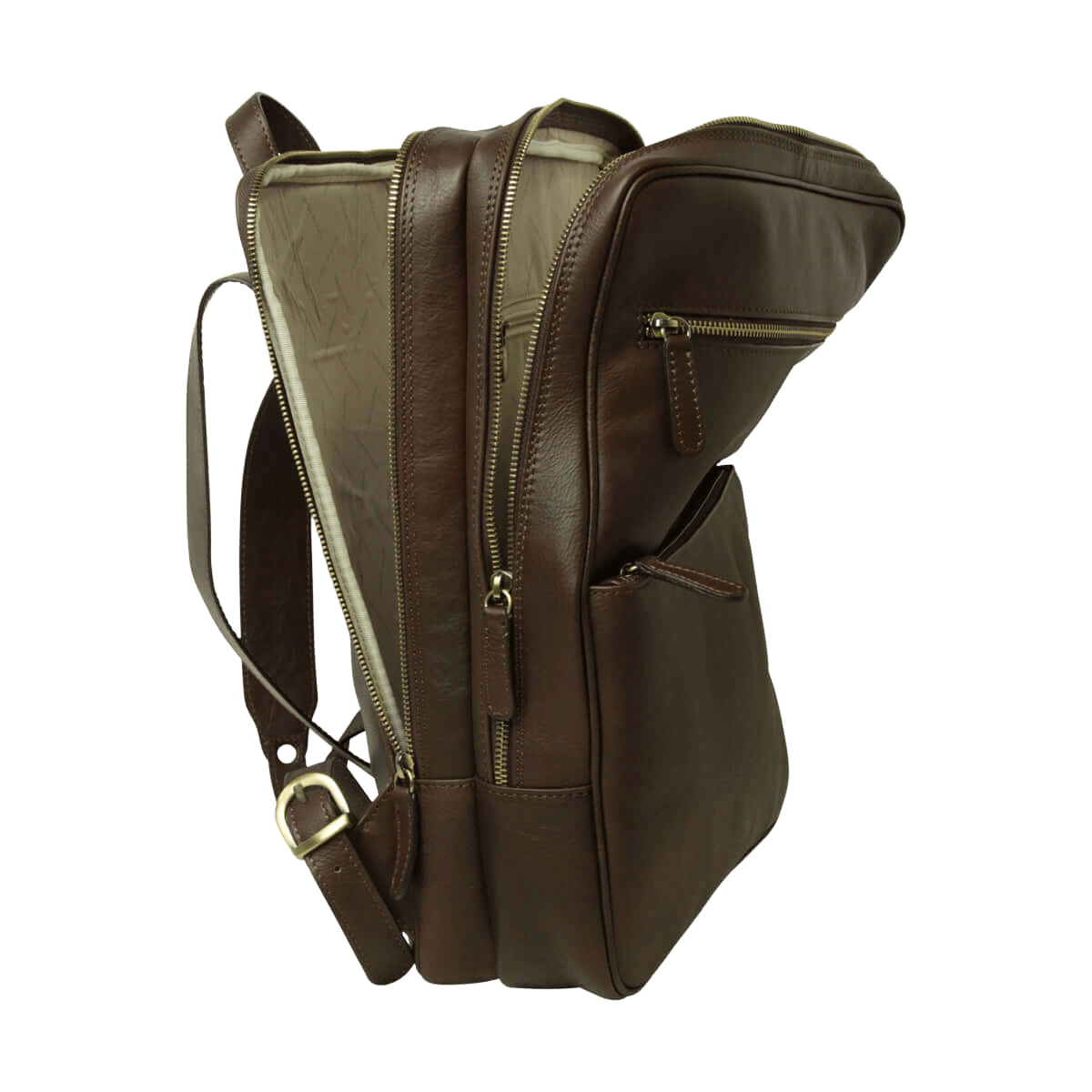 Zaino in pelle marrone scuro con maniglia e tracolla regolabile, due tasche con zip