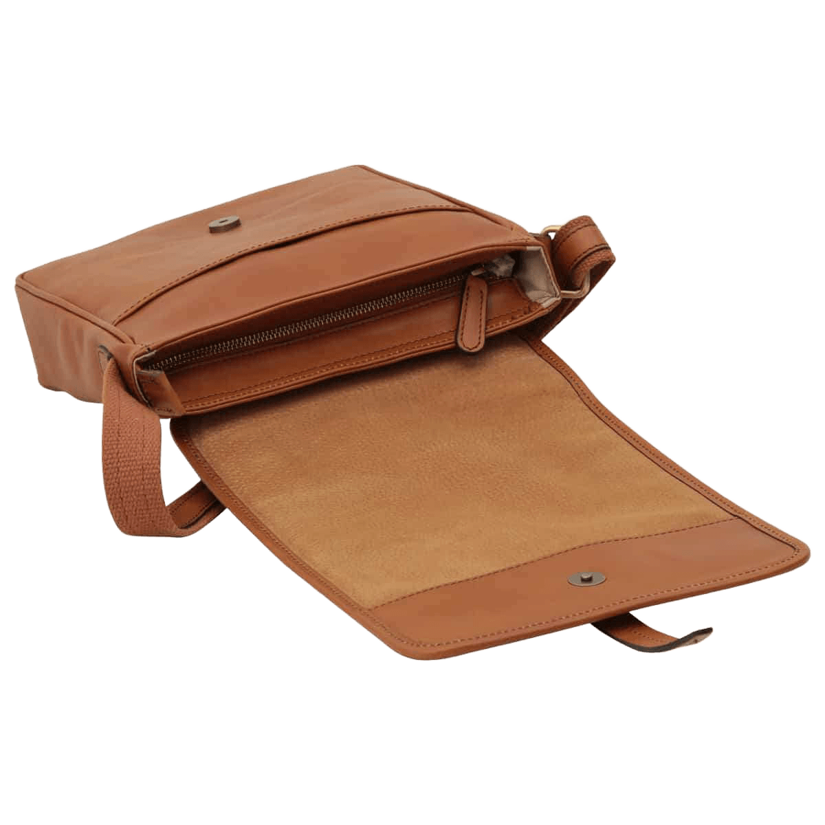 Borsa messenger in cuoio marrone con patta aperta e tasca con zip