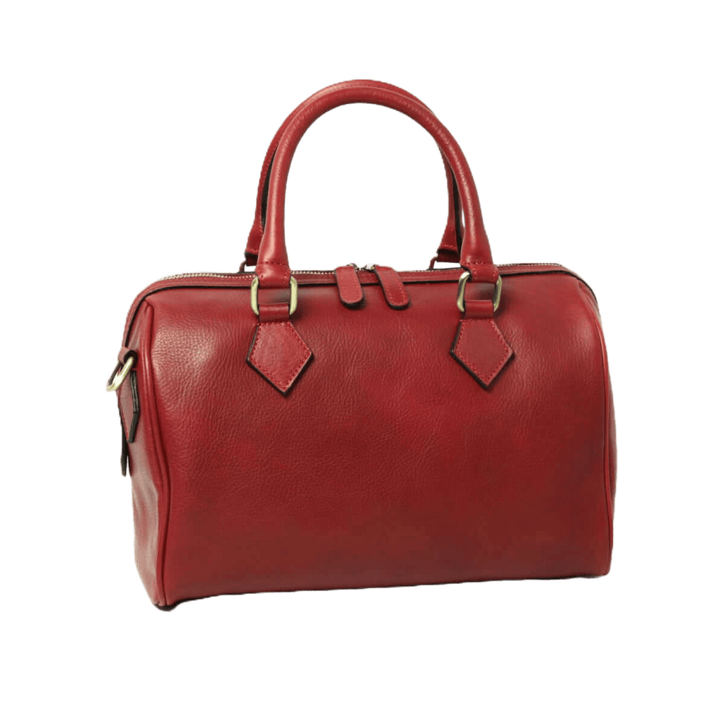 Bauletto in pelle rossa con manici superiori e finiture metalliche ai lati.