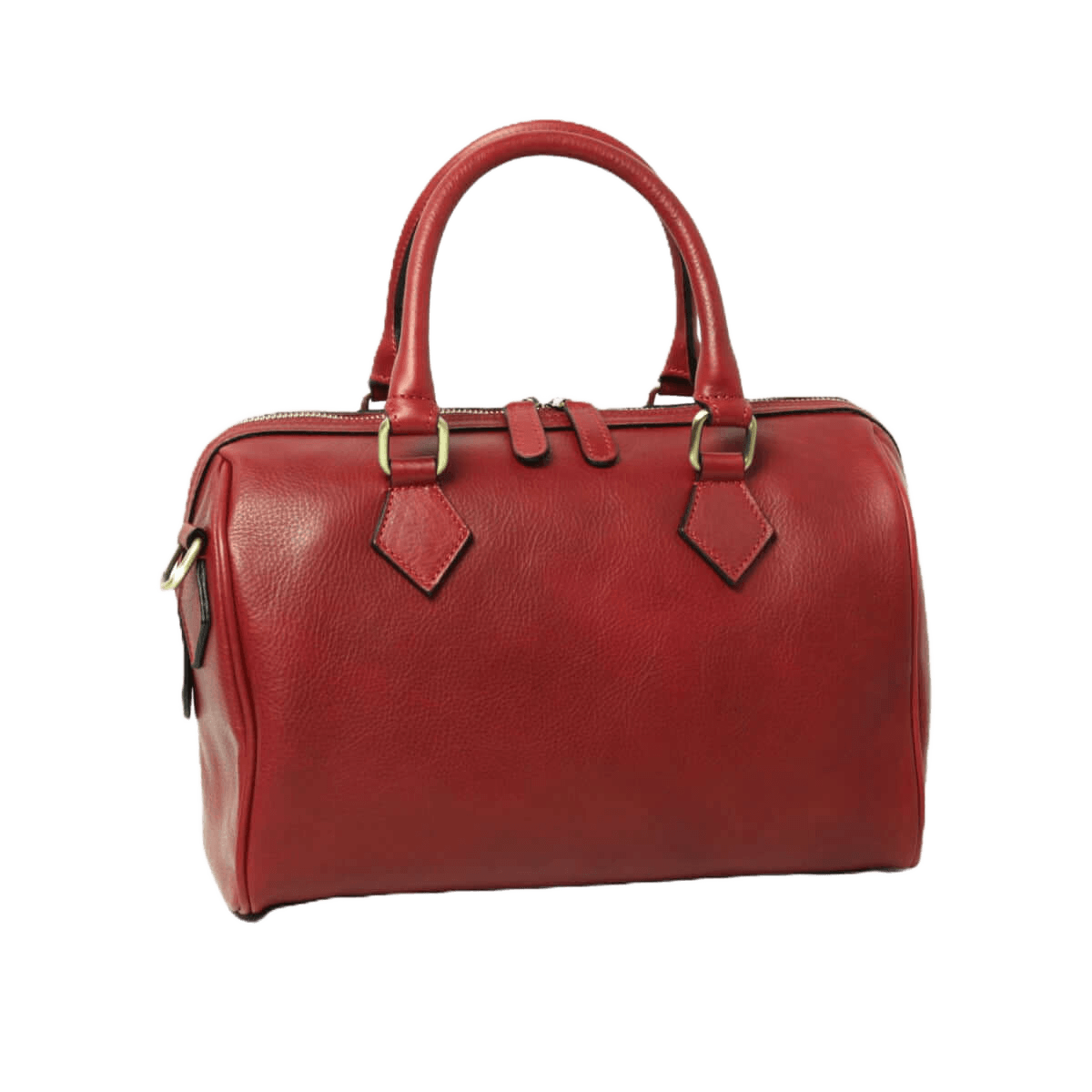 Bauletto in pelle rossa con manici superiori e finiture metalliche ai lati.