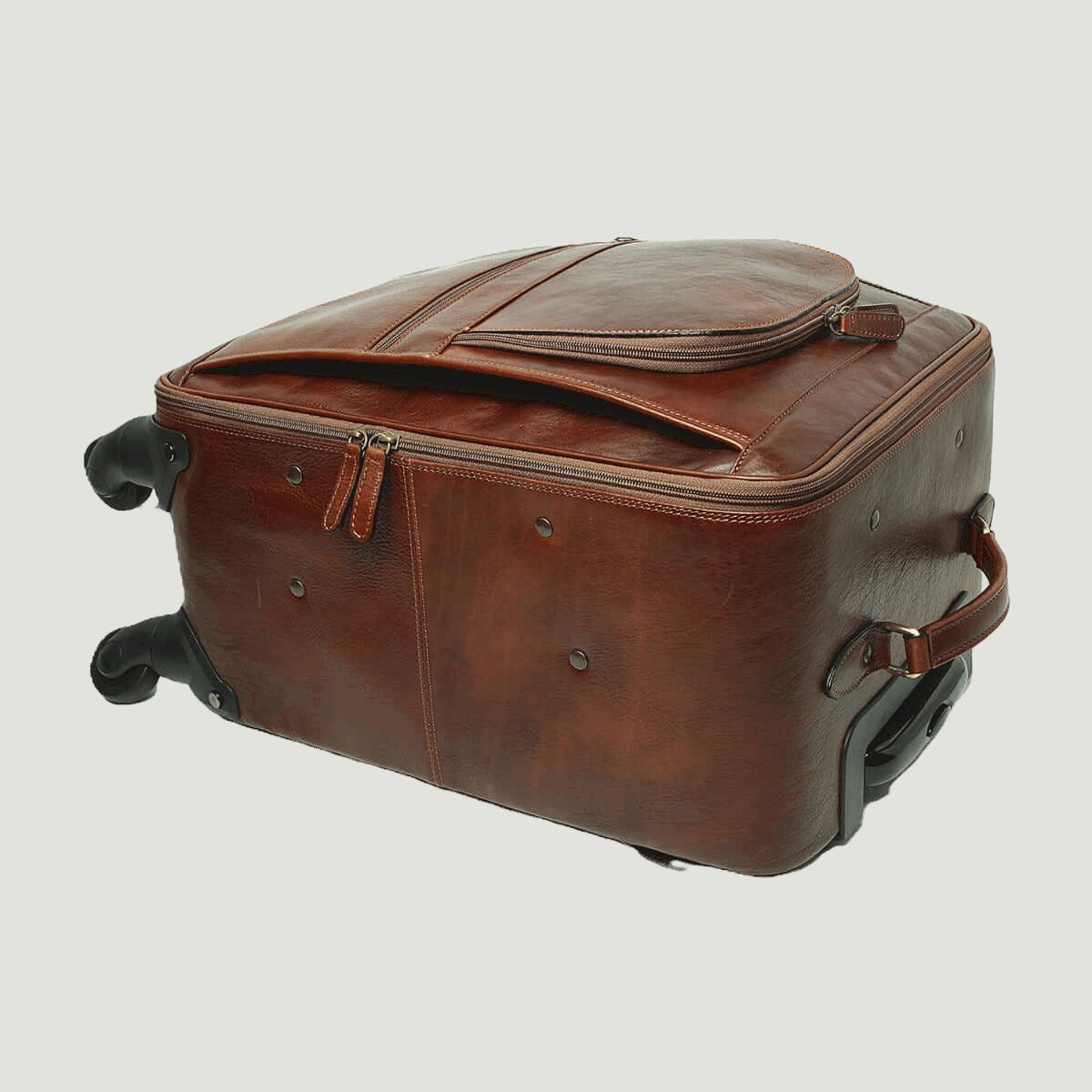 Trolley in pelle marrone con copertura superiore imbottita e tracolla laterale