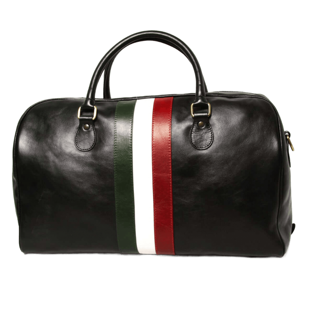 Borsa da viaggio in pelle pieno fiore nera con fascia tricolore e manici in alto