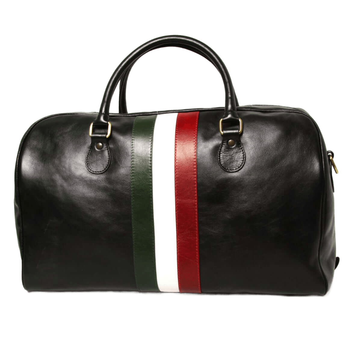 Borsa da viaggio in pelle pieno fiore nera con fascia tricolore e manici in alto