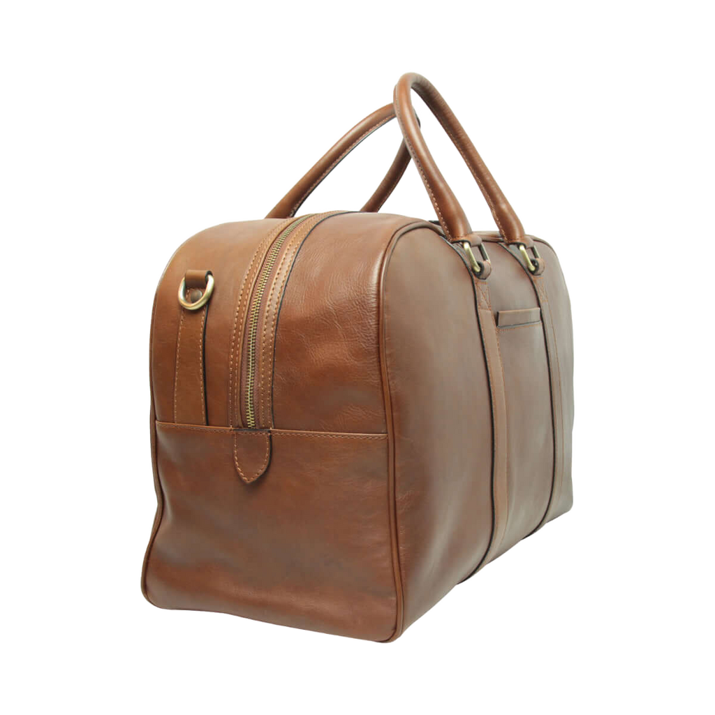 Borsone in pelle castagna con zip laterale e passanti in metallo