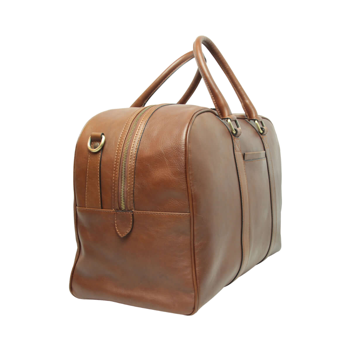 Borsone in pelle castagna con zip laterale e passanti in metallo