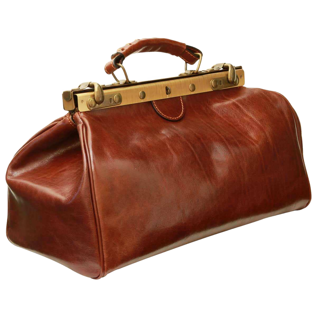Borsa in pelle marrone con manico rigido e finiture metalliche, profilo arrotondato