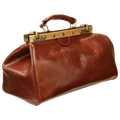 Borsa in pelle marrone con manico rigido e finiture metalliche, profilo arrotondato