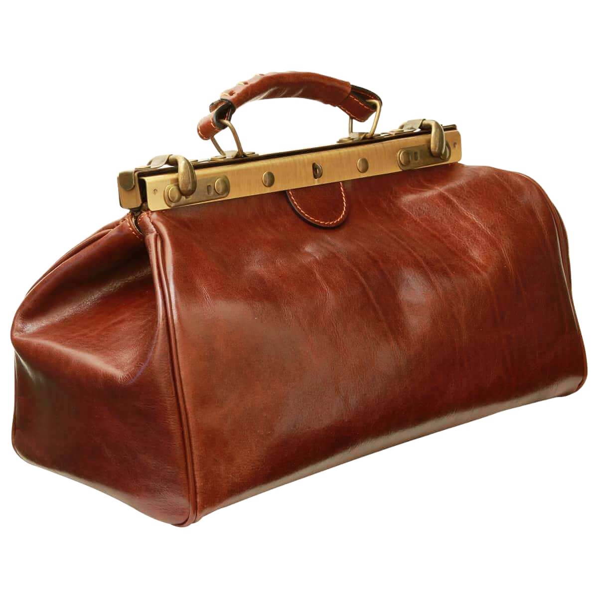 Borsa in pelle marrone con manico rigido e finiture metalliche, profilo arrotondato