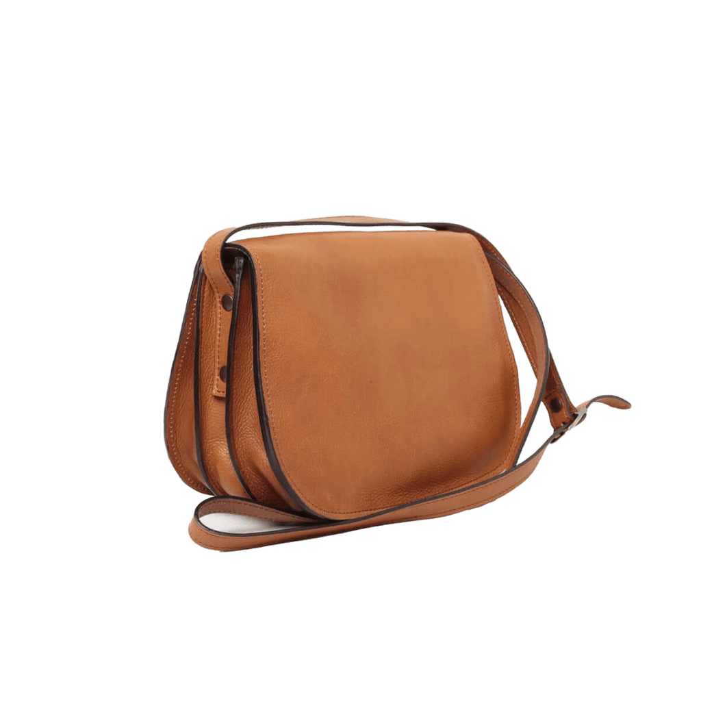Borsa a tracolla in pelle cuoio, profilo arrotondato, tracolla e fibbia regolabile