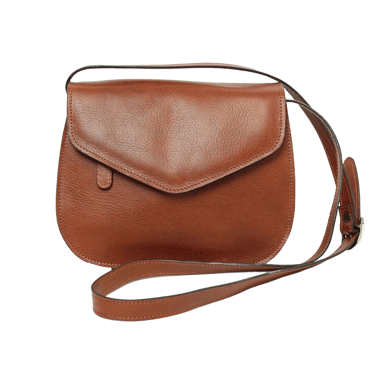 Borsa a tracolla in pelle color teak con pattina e tracolla regolabile.