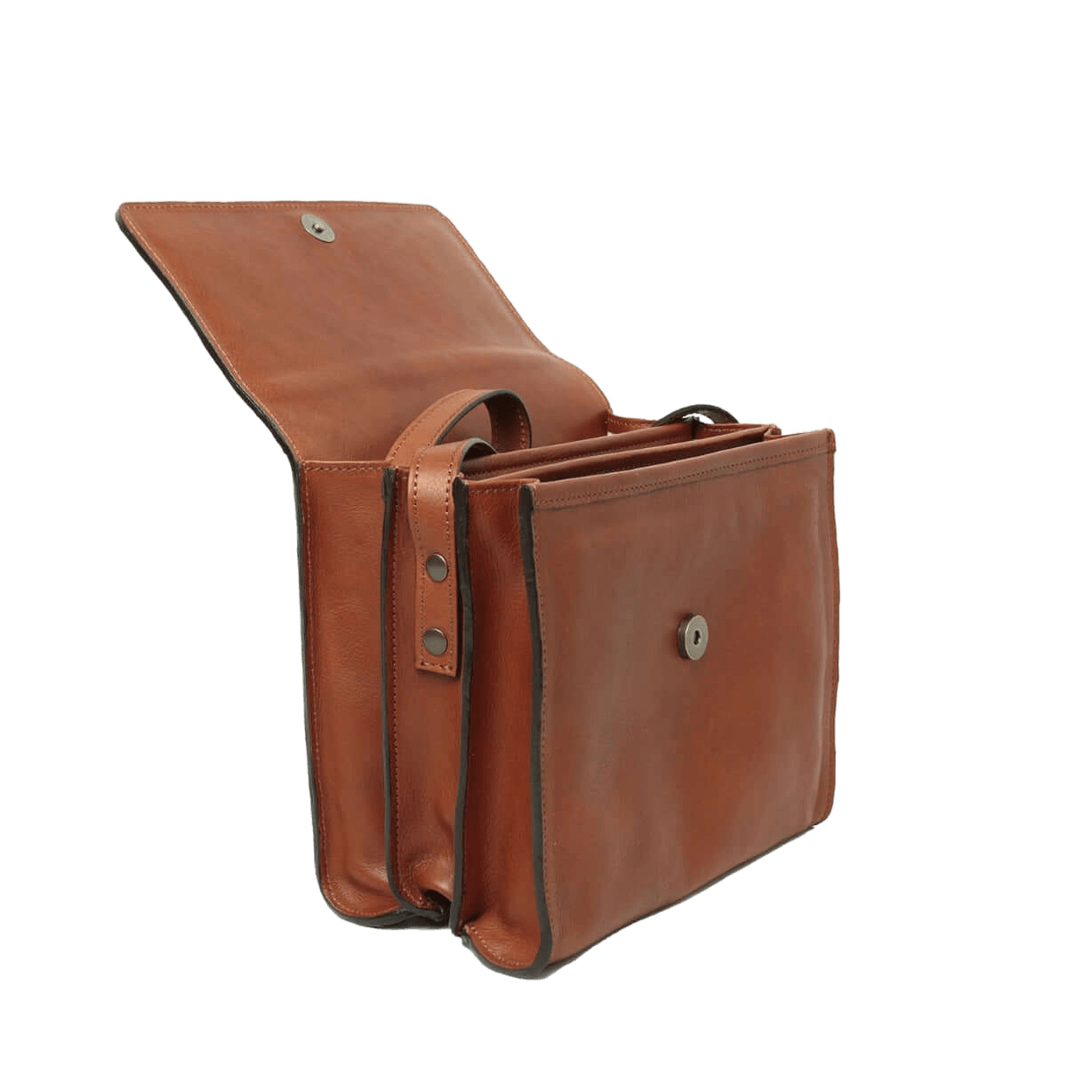 Borsa a tracolla in pelle cuoio aperta con tracolla e chiusura frontale