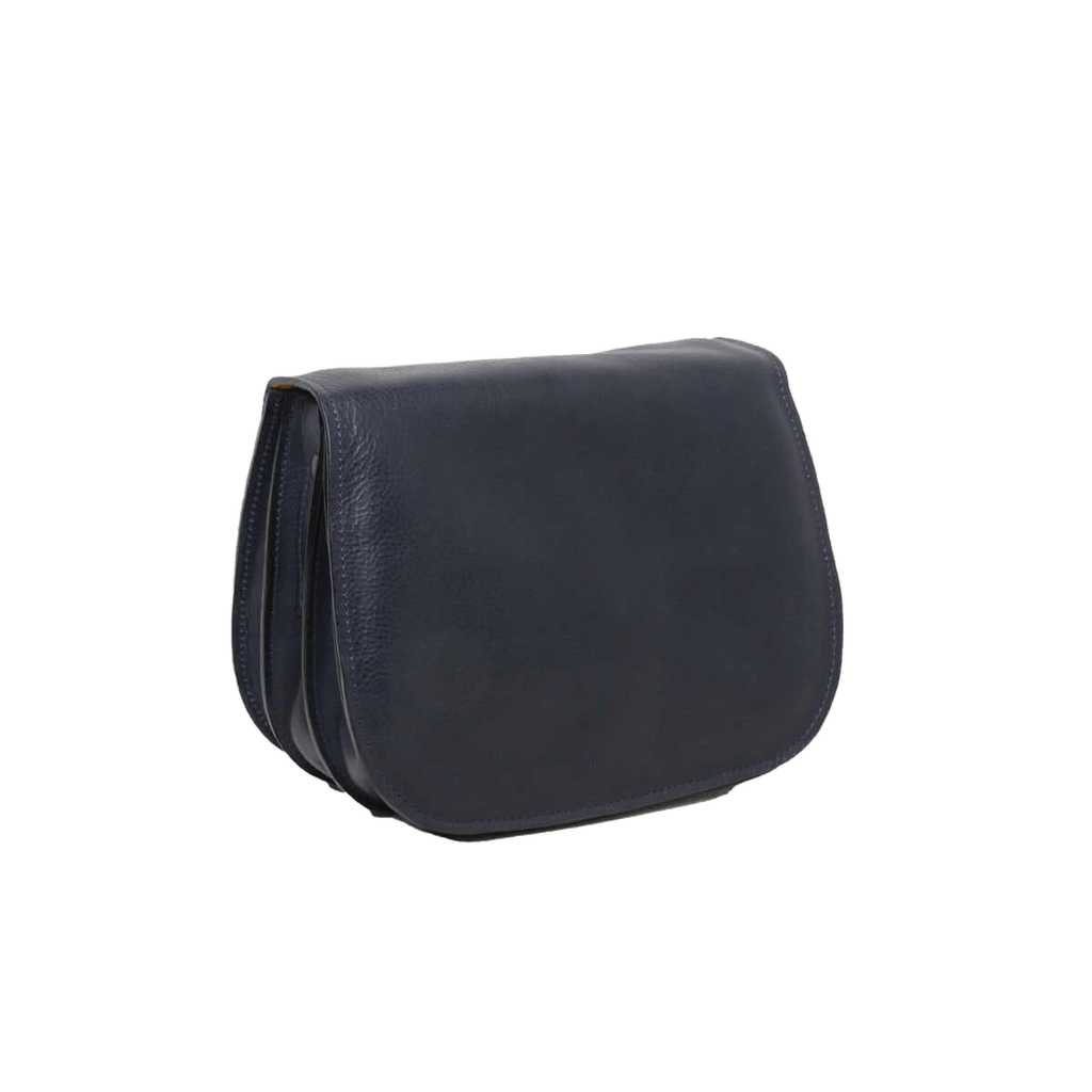 Borsa a tracolla in pelle blu scuro con patta rettangolare e bordi in rilievo