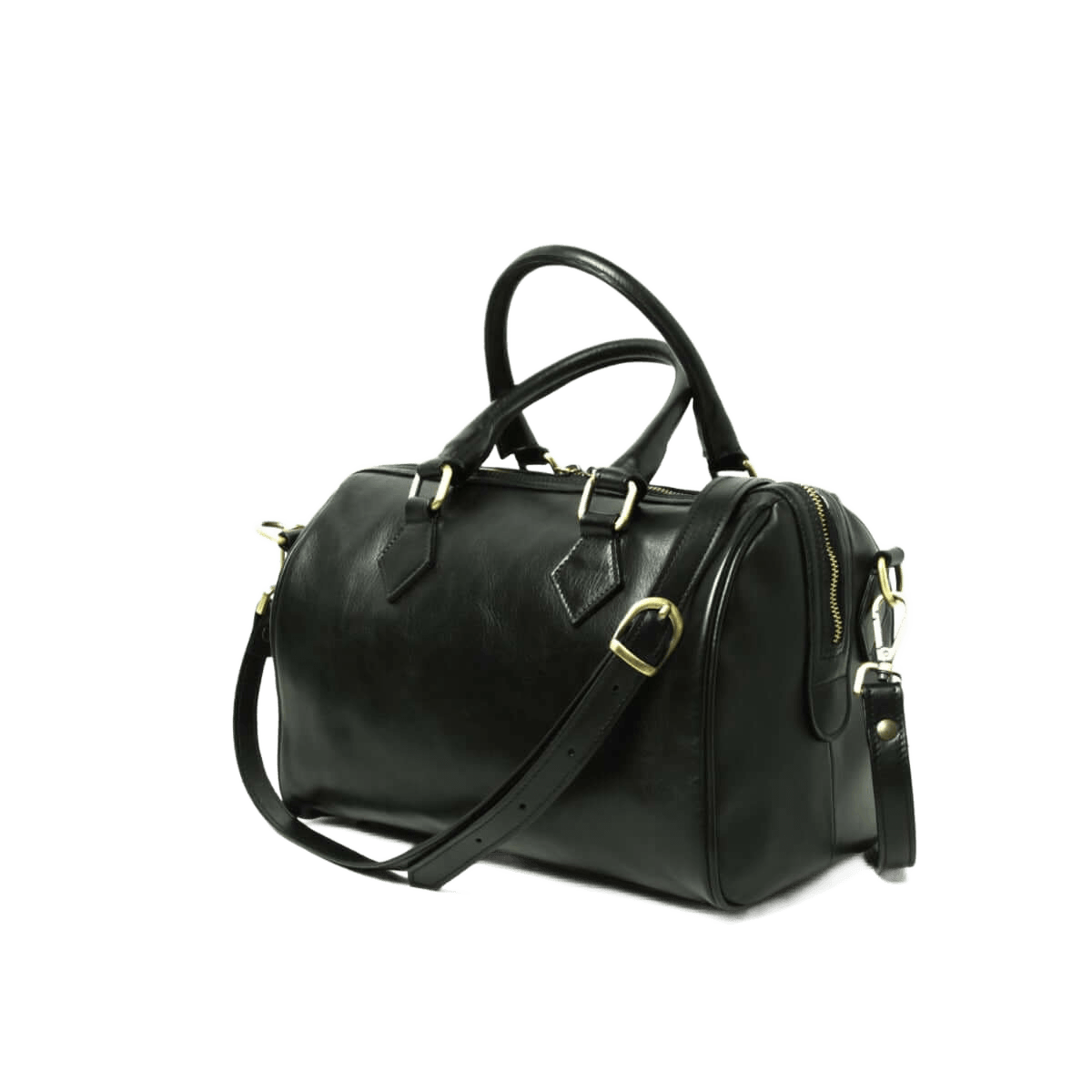 Borsa bauletto in pelle nera con due manici e tracolla, chiusura con cerniera.