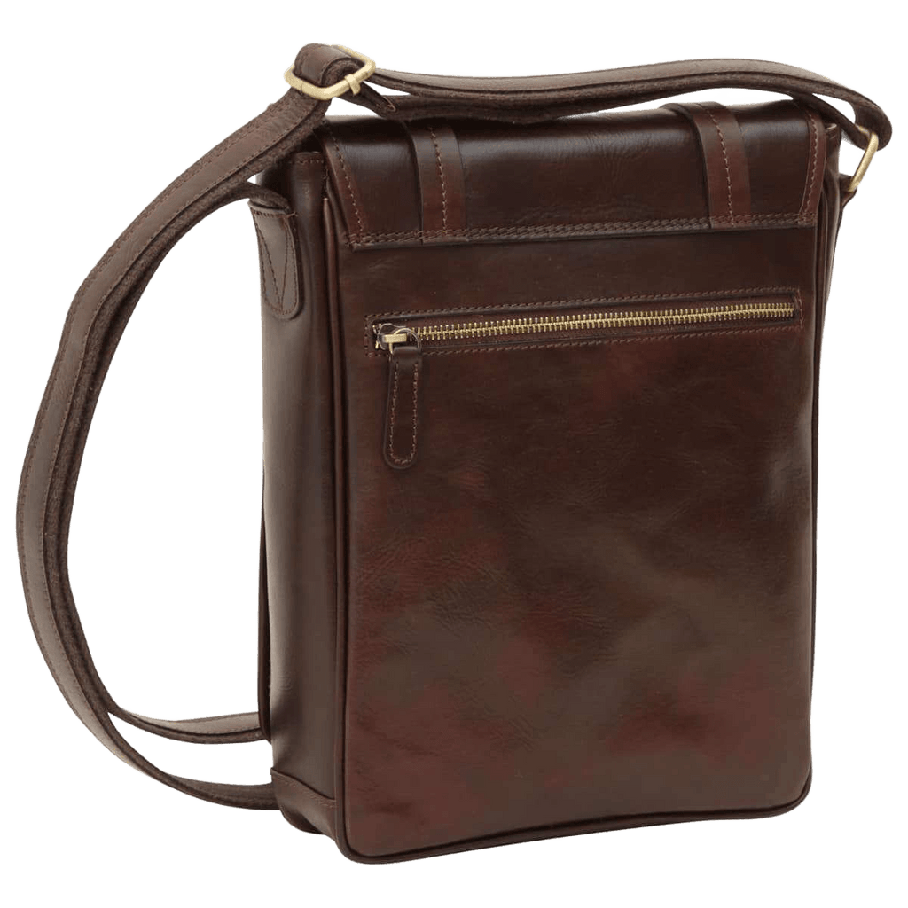 Borsa messenger marrone scuro in pelle con zip frontale e tracolla