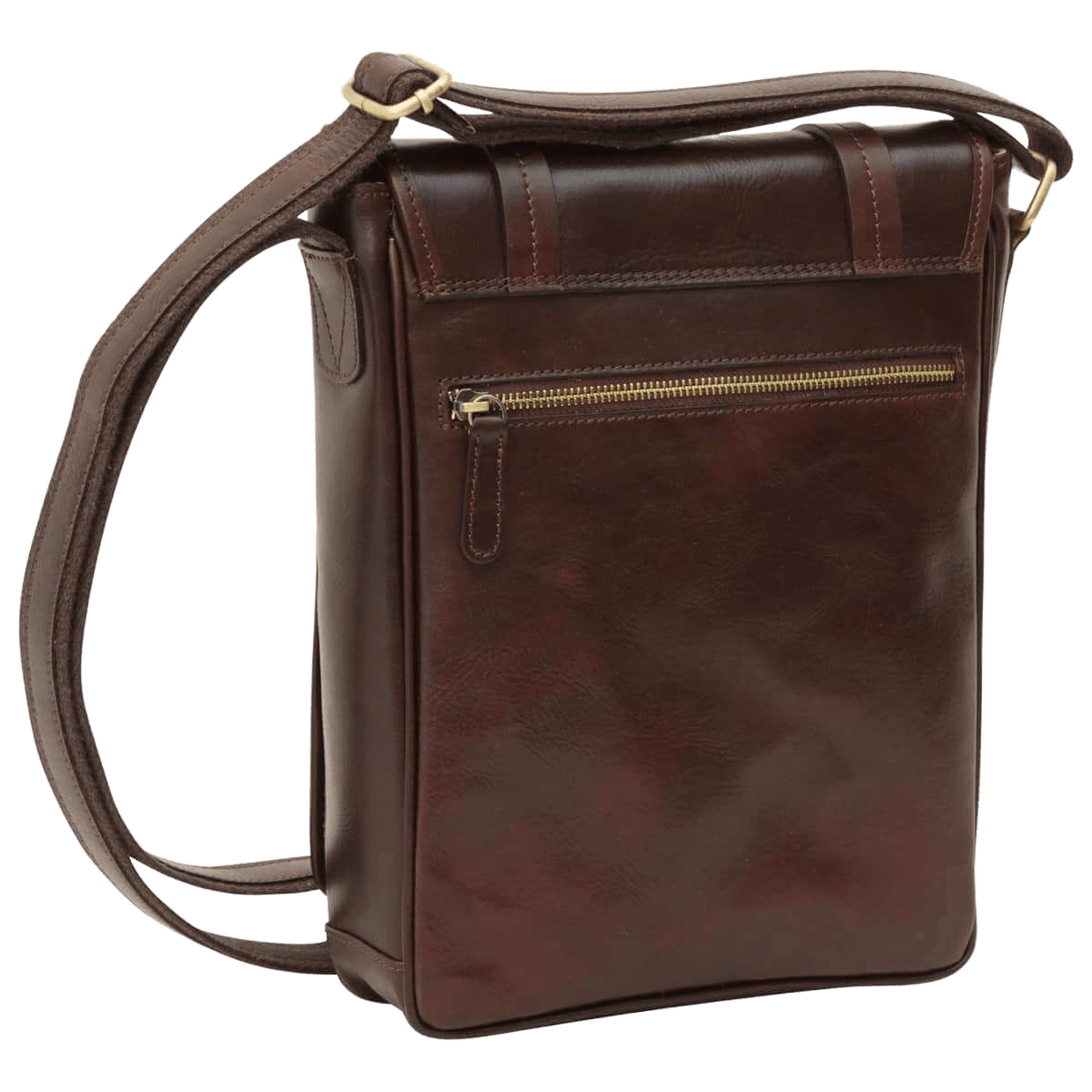 Borsa messenger marrone scuro in pelle con zip frontale e tracolla
