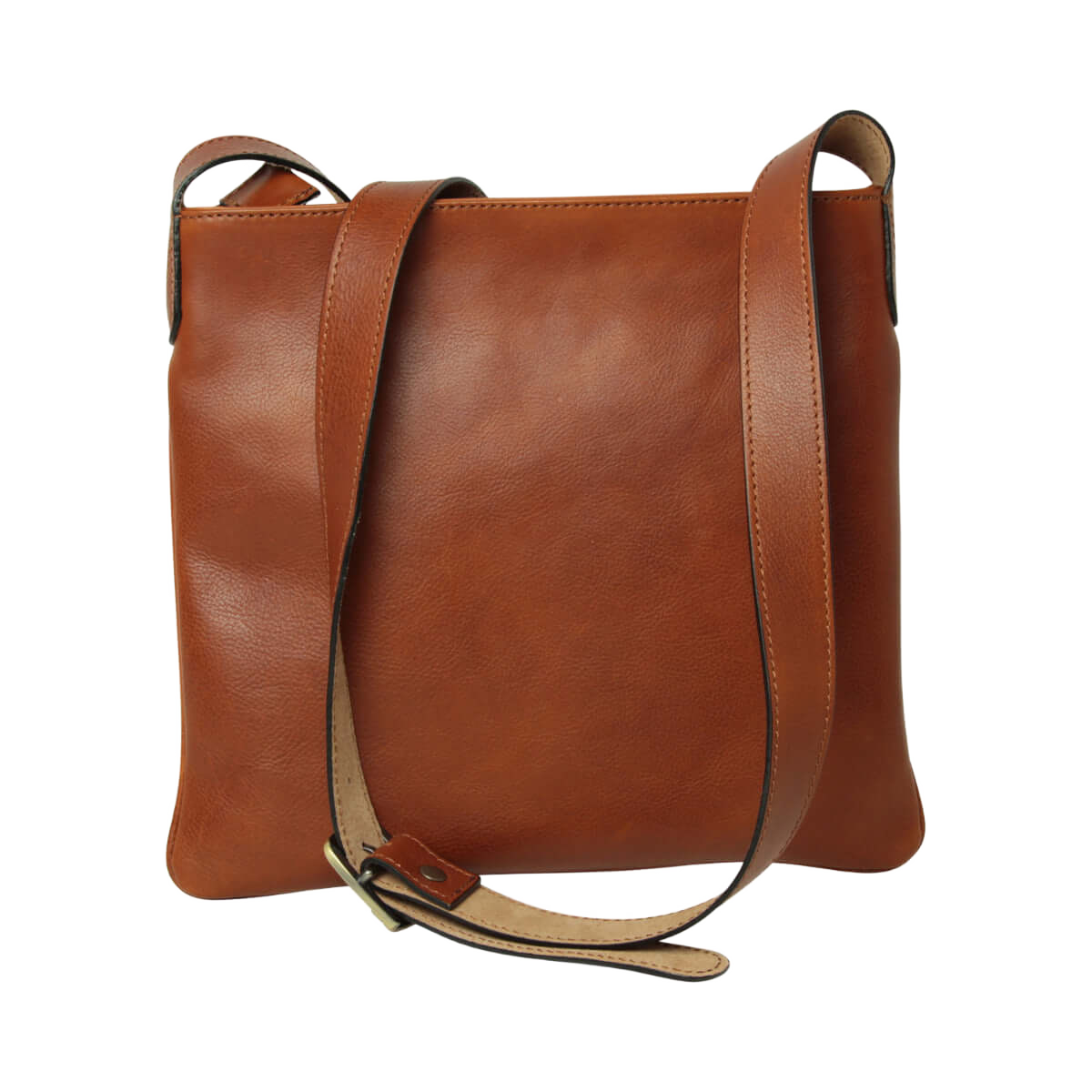 Borsa a tracolla in pelle color teak con tracolle e dettaglio fermo