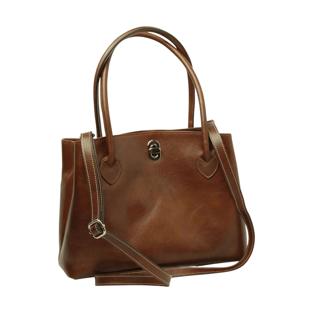 Borsa in pelle marrone con manici doppi e tracolla laterale con moschettone