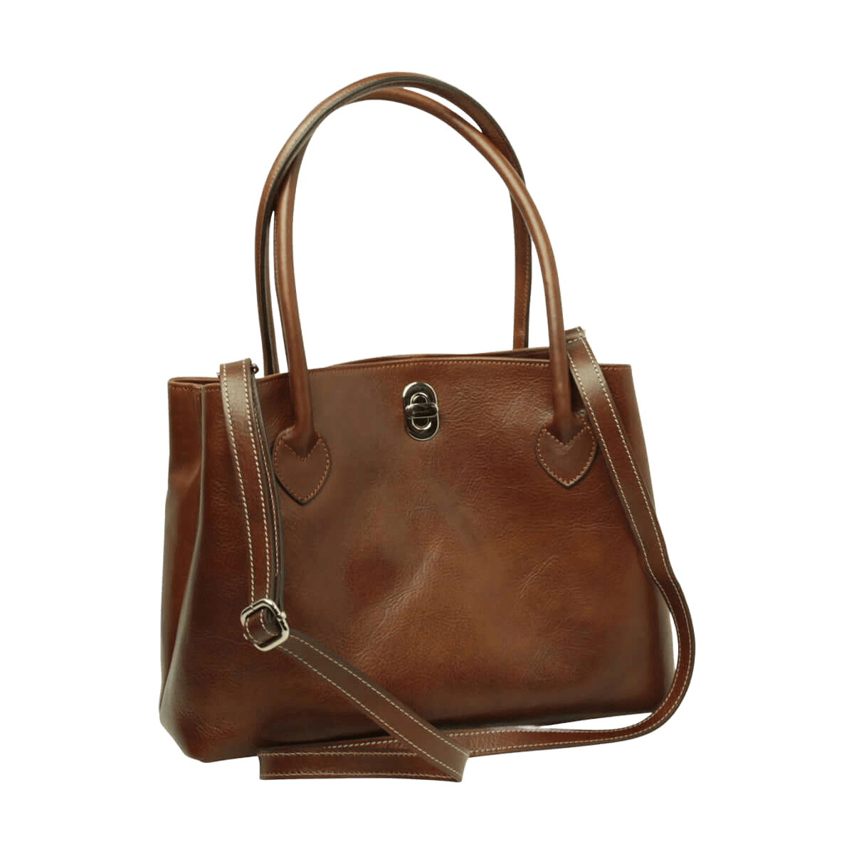 Borsa in pelle marrone con manici doppi e tracolla laterale con moschettone