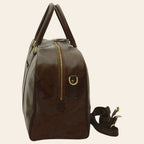 Borsone da viaggio in pelle marrone scuro con zip frontale e manici, pouch coordinata