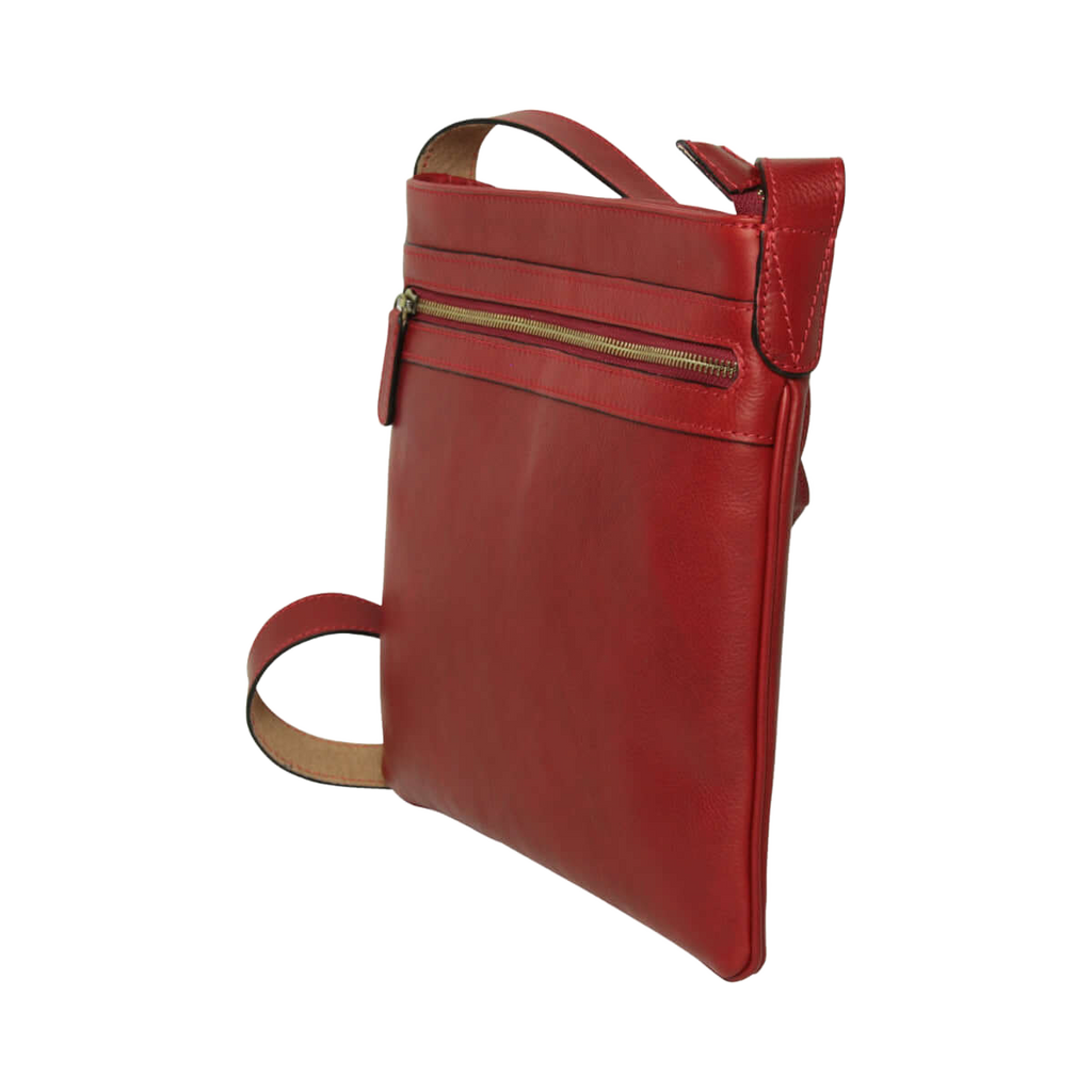 Borsa a tracolla rossa in pelle con tasca frontale e zip verde