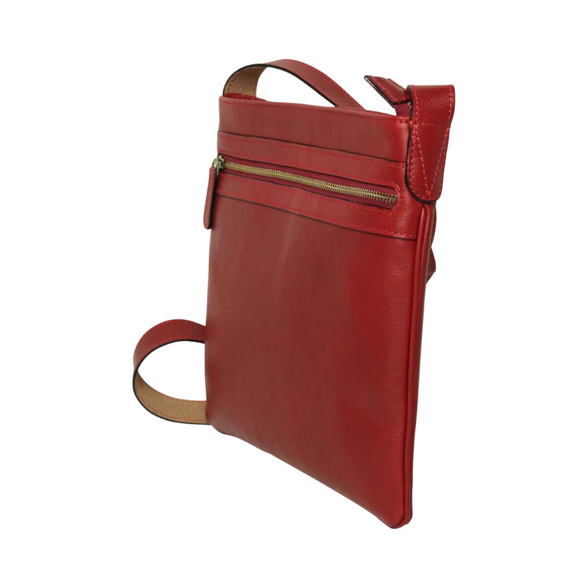 Borsa a tracolla rossa in pelle con tasca frontale e zip verde