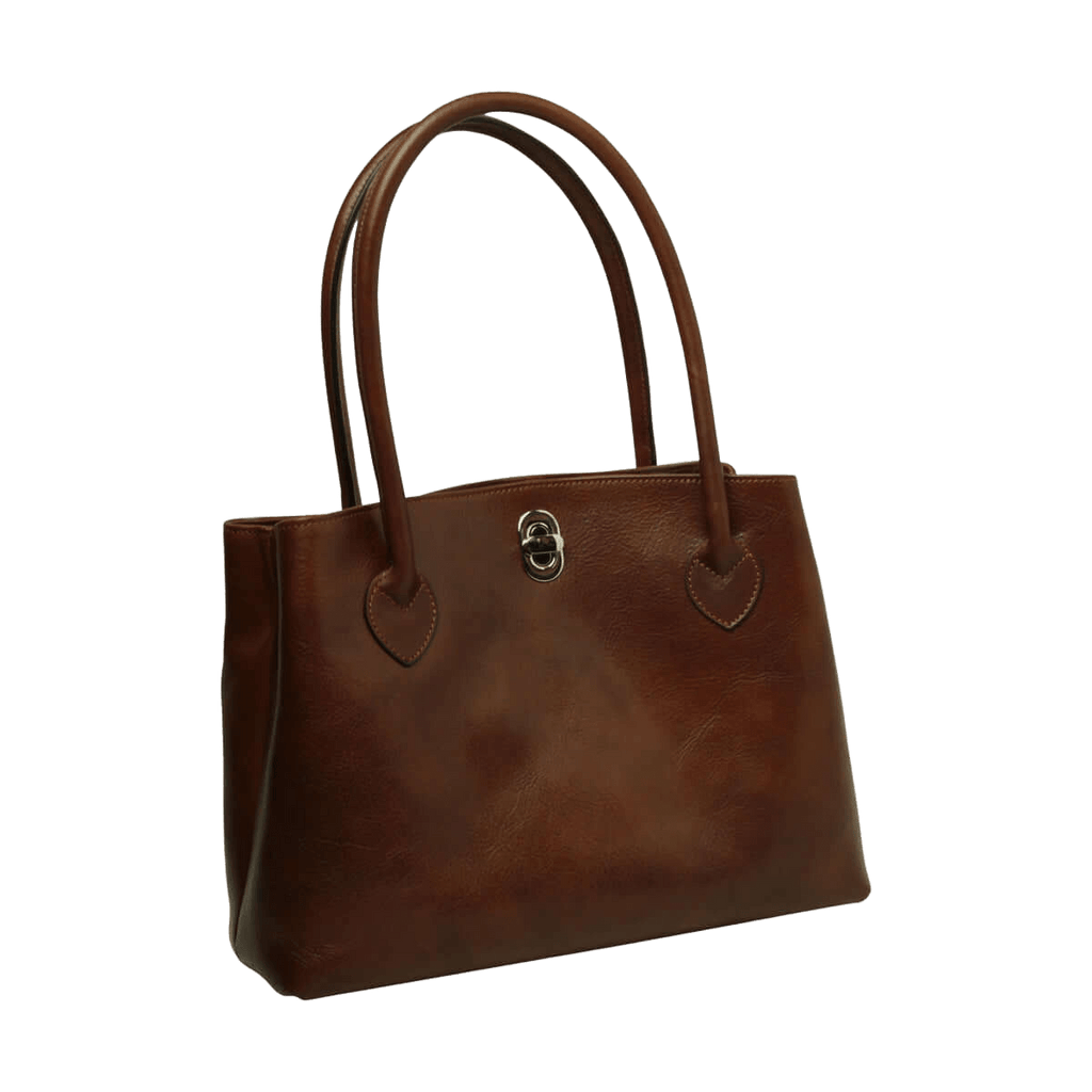 Borsa in pelle marrone con due manici e chiusura centrale con fibbia metallica
