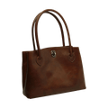 Borsa in pelle marrone con due manici e chiusura centrale con fibbia metallica