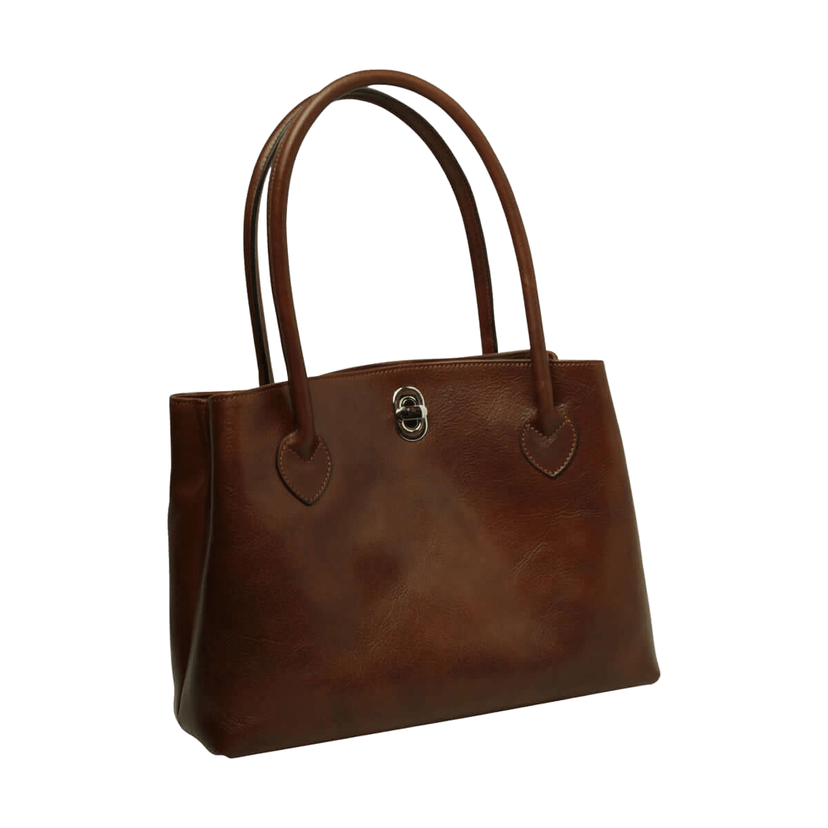 Borsa in pelle marrone con due manici e chiusura centrale con fibbia metallica