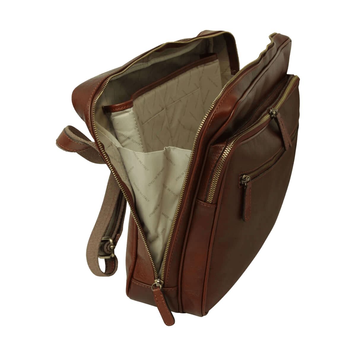 Borsa messenger in pelle marrone aperta con interno chiaro e zip