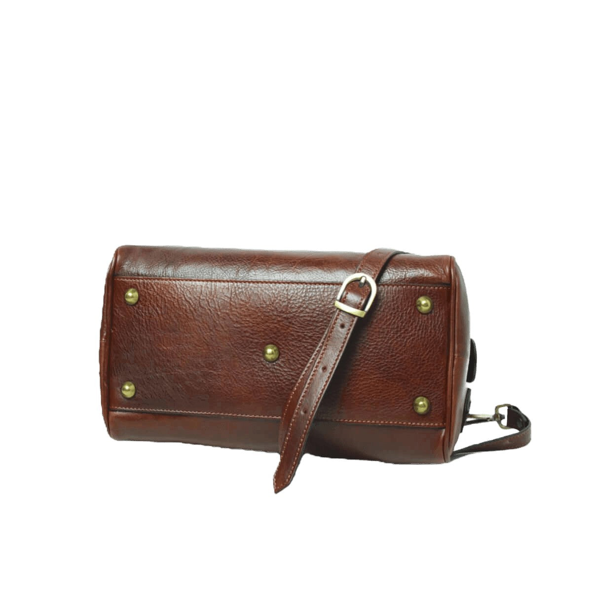 Bauletto in pelle marrone con patta e borchie metalliche verdi