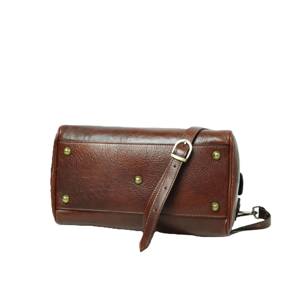 Bauletto in pelle marrone con patta e borchie metalliche verdi
